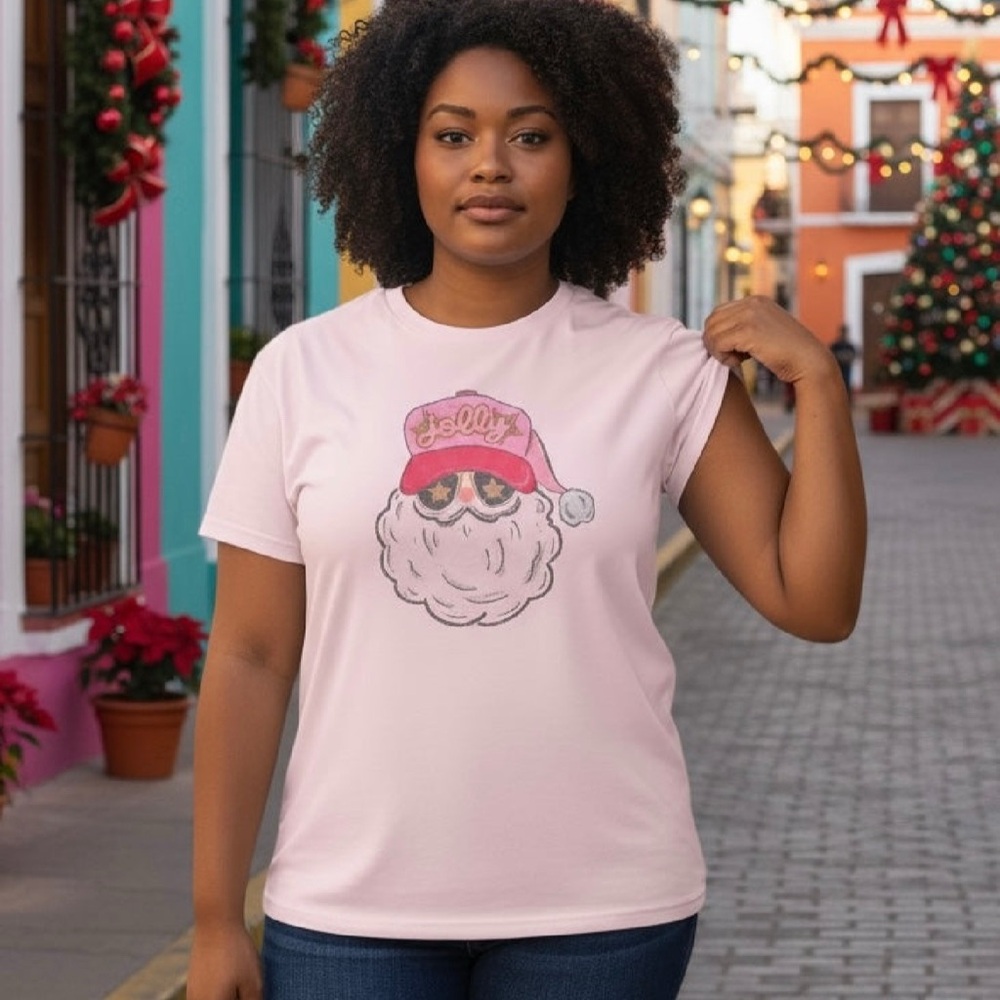 NEW Pink Santa Christmas Graphic Short Sleeve T-Shirt